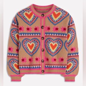NWOT BODEN Abi Jacquard Cardigan - Camel Melange, Hearts